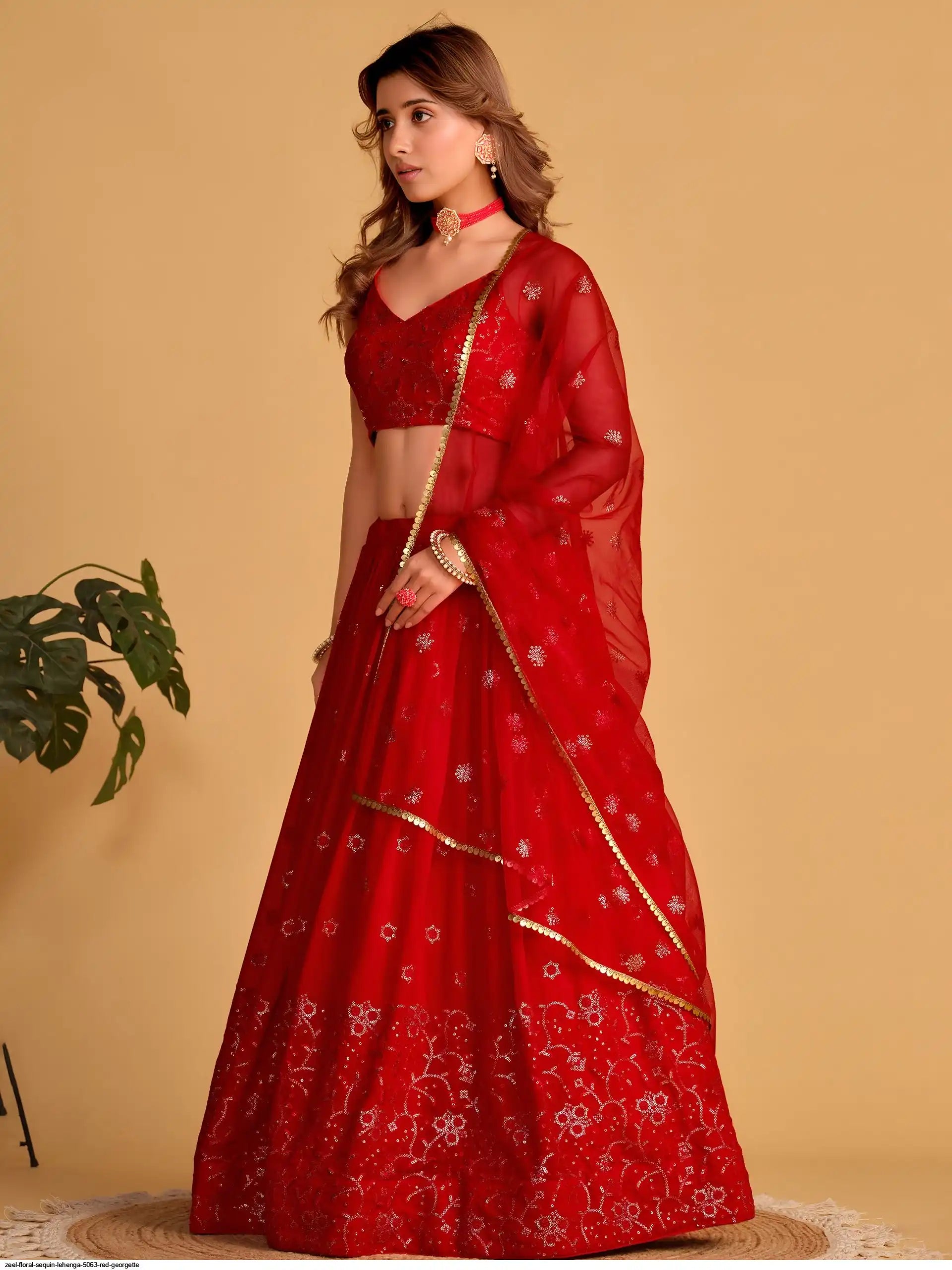 ZEEL FLORAL SEQUIN LEHENGA 5063 RED GEORGETTE