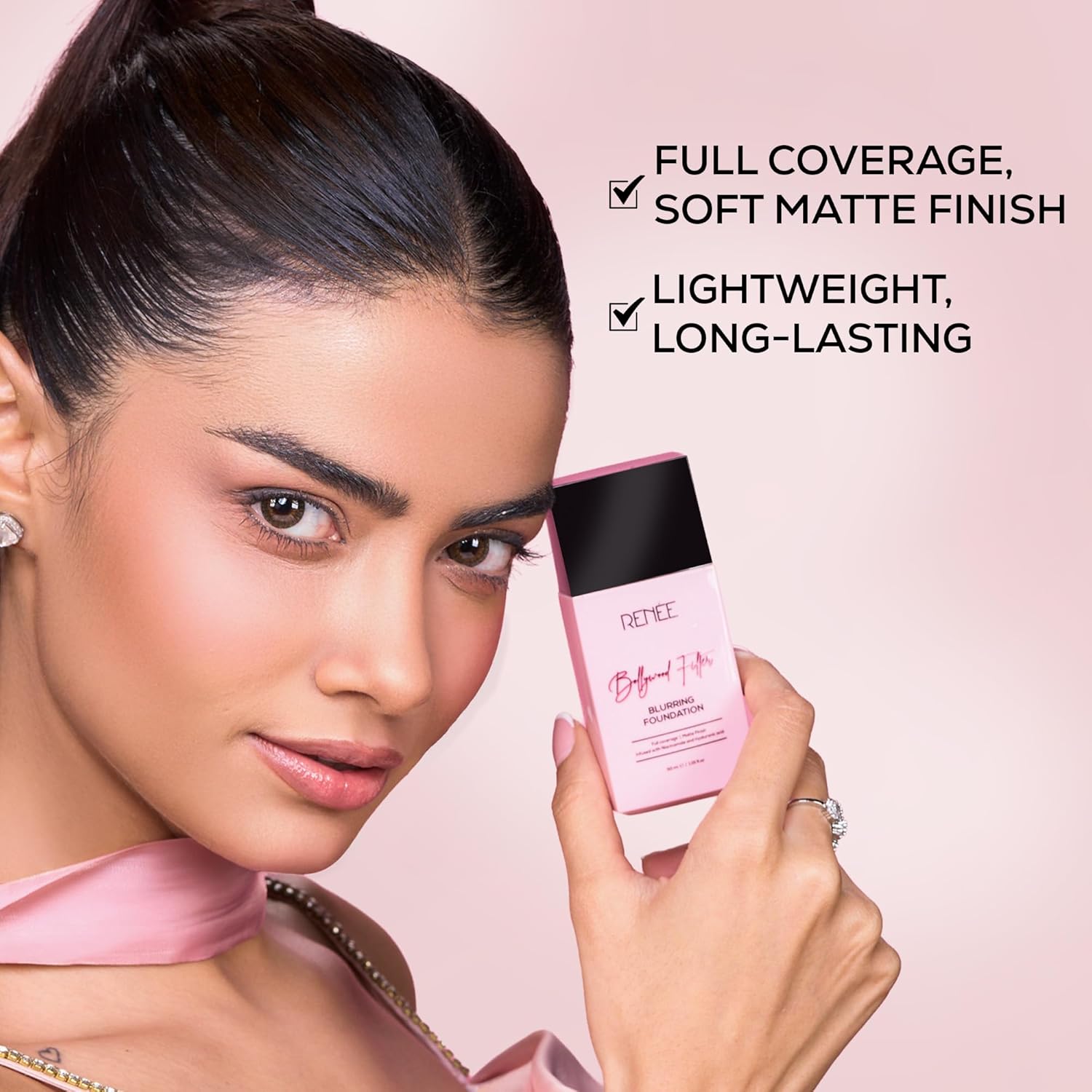 RENEE Bollywood Filter Blurring Liquid Foundation - Hazel Hush | Full Coverage, Matte Finish | Blurs Pores & Blemishes | Hydrates & Evens Skin Tone | With Niacinamide & Hyaluronic Acid | 30ml