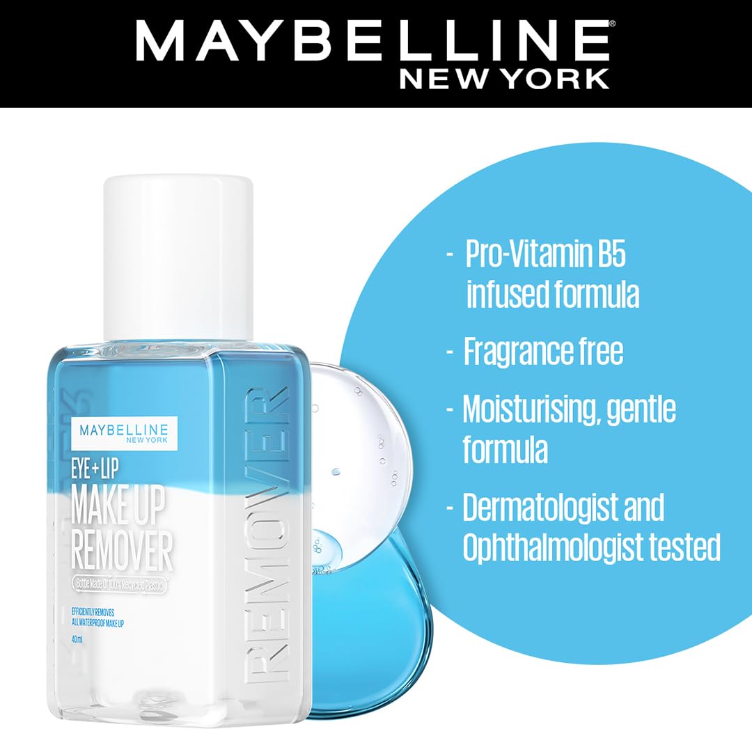 Maybelline New York Biphase Eye + Lip Makeup Remover, 2X More Effective and Fragrance Free Easy to Use Makeup Remover, Water-proof Make-up Remover With Addition of Pro-Vitamin B5 | 40 ml
