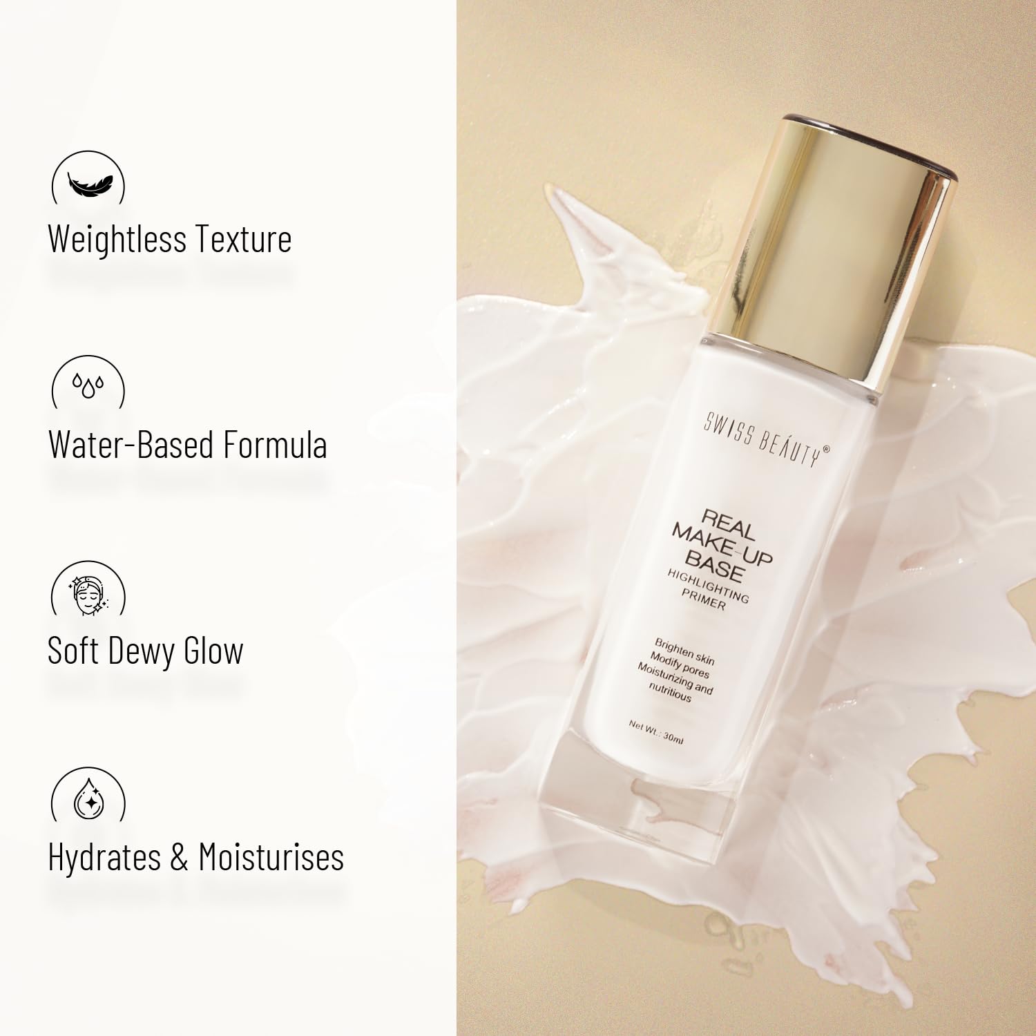 Swiss Beauty Real Makeup Base Highlighting Primer| Skin-Hydrating Poreless Primer With Natural Glow Finish For Face Makeup |Shade - 02 Golden-Tint, 32Ml