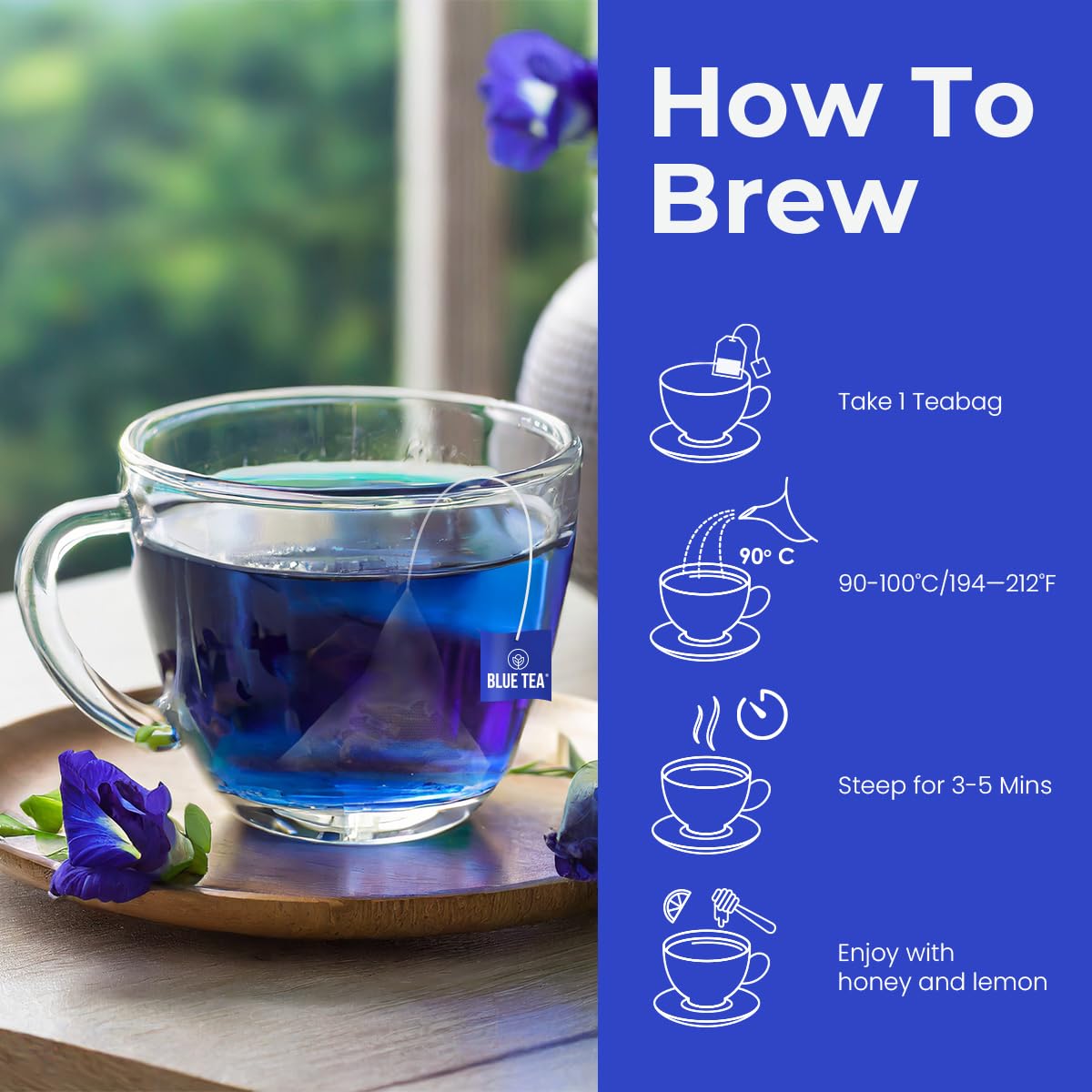 Blue Tea Butterfly Pea Herbal Tea Bags | Anti-Oxidant Rich Herbal Flower Based Caffeine Free - No Preservatives | Detox Tea Natural Premium Herbal Tea - 30 Teabags