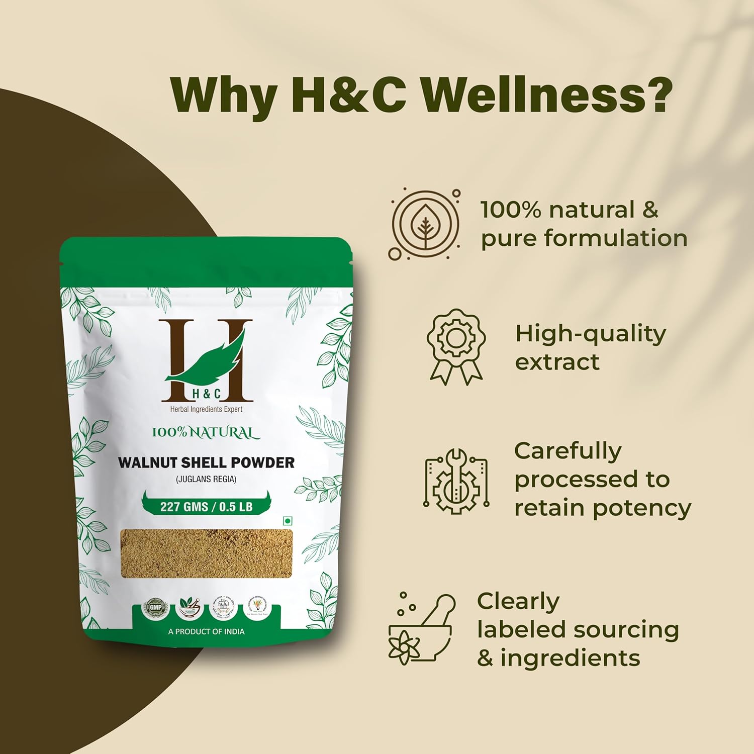 H&C Herbal Ingredients Expert Natural Walnut Shell Powder (227g) for Facial scrubs, skin cleansers, peeling creams, exfoliants