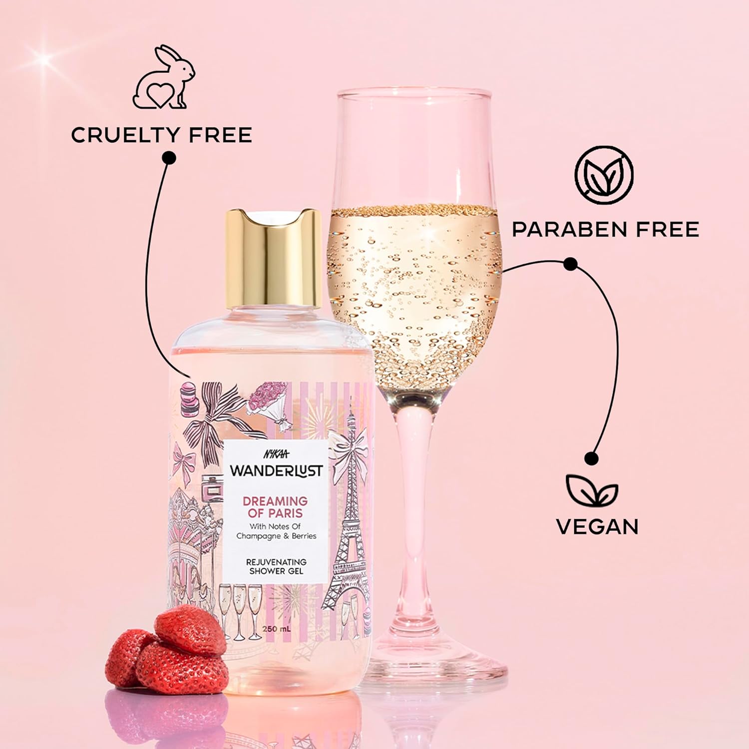 Nykaa Wanderlust Dreaming of Paris Fruity Clensing Shower Gel, Champagne & Berries Fragrance, Vegan, Cruelty-Free, No Parabens, Rejuvenating Body Wash for Women
