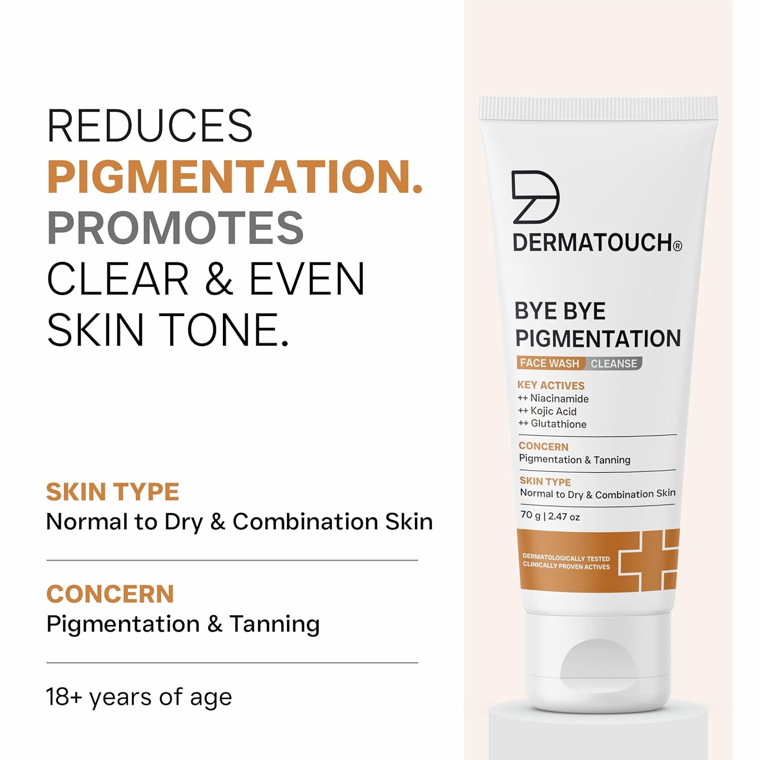 DERMATOUCH Bye Bye Pigmentation Face Wash | Niacinamide, Kojic Acid & Glutathione | For Tan and Anti-Pigmentation | Dermatologist Tested | For Men & Women | 70g