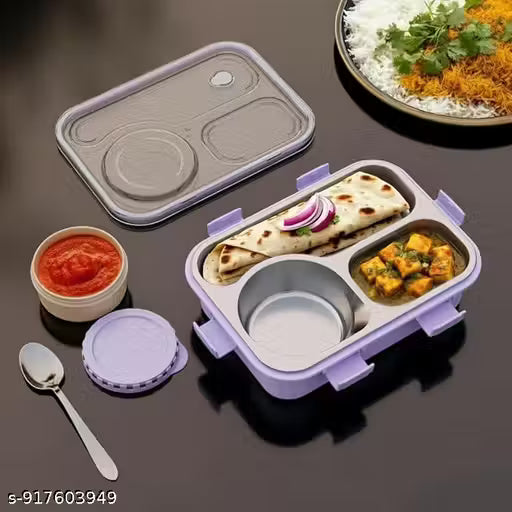 Bento Lunch Box Insulated Air Tight Portable Lunch Box with Spoon, Stainless Steel Lunch Box with Containers, Steel Bento Box for Kids, Adults, Men, Women - 750 ML (Purple)