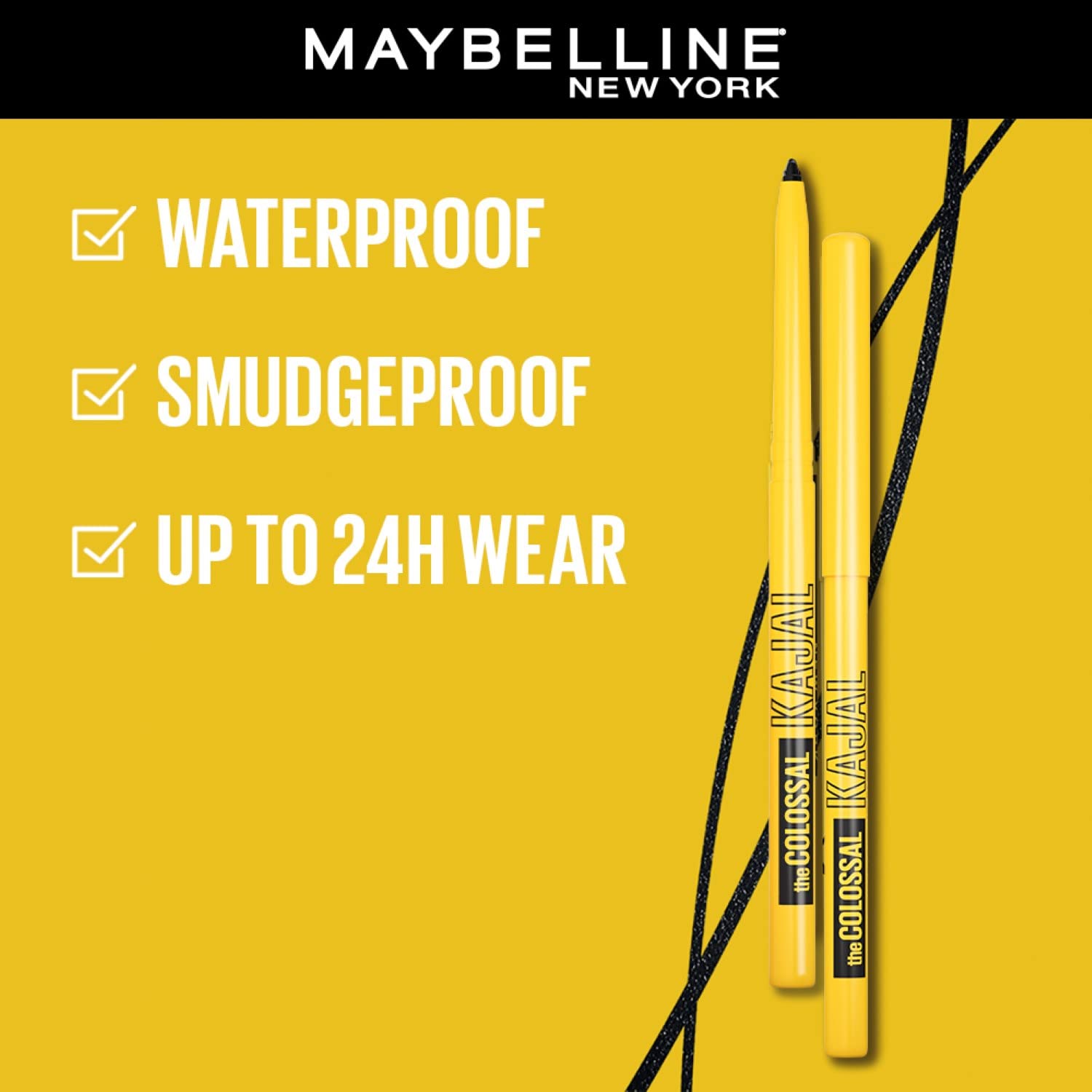 Maybelline New York Colossal Kajal, Intense Colour, Waterproof, Long lasting 24Hrs Stay, Black, 0.35g (Pack of 2)