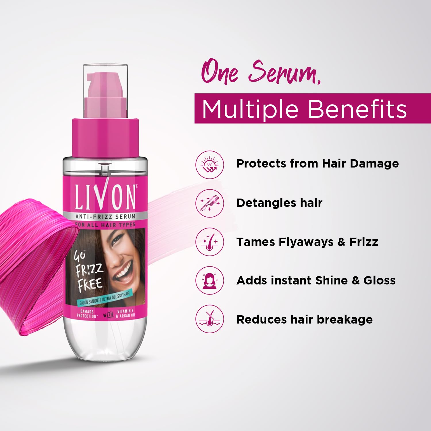 Livon Hair Serum, For Dry & Frizzy Hair | Provides shine, smoothness & damage protection| Leave in serum for women & Men| With Vitamin E & Argan Oil | 50ml Pack of 2