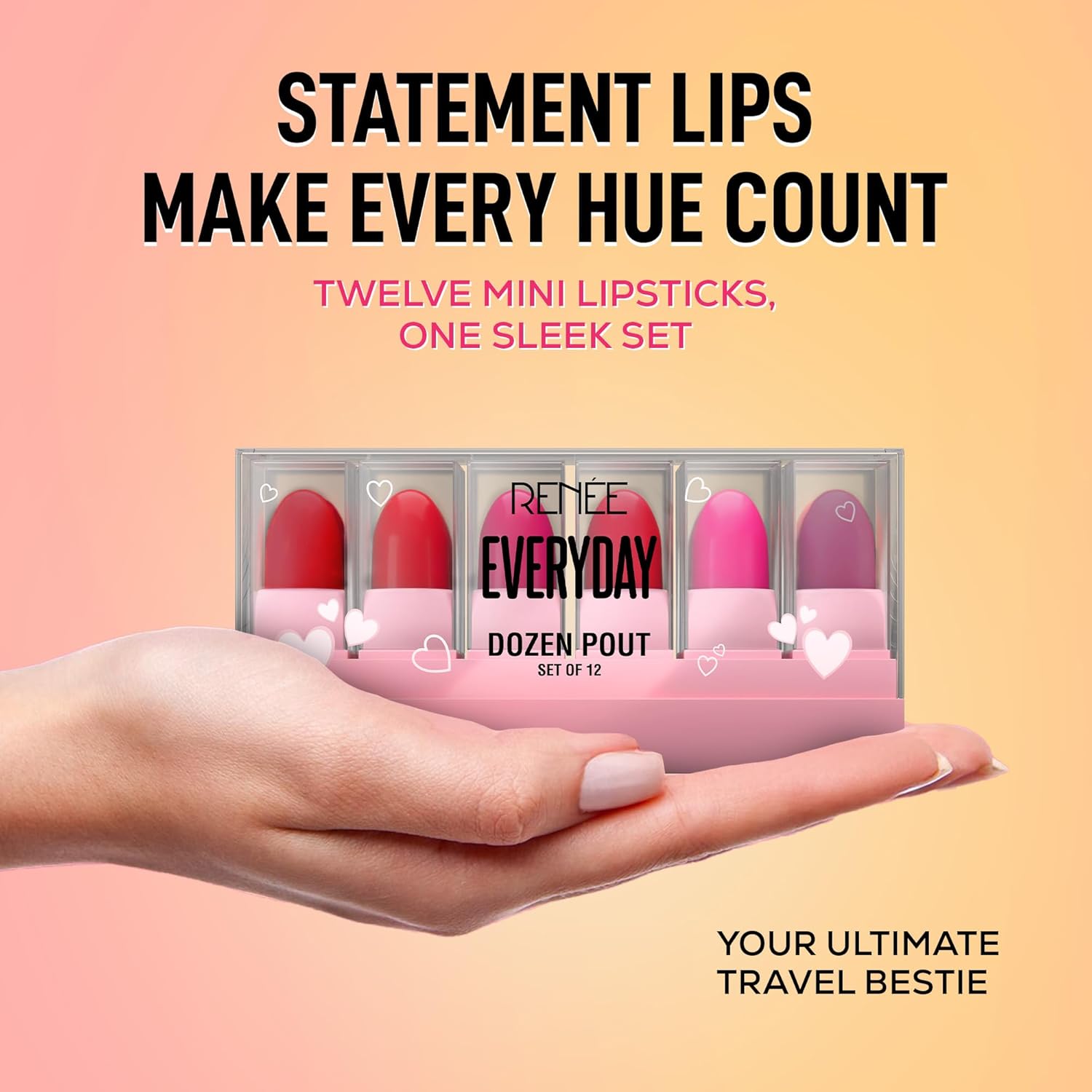 RENEE Everyday Dozen Pout Mini Lipsticks | Creamy Texture, Matte Finish, Long-Lasting | With Shea Butter, Almond Oil & Vitamin E | Hydrates & Softens Lips | Travel-Friendly, Set of 12 | 14.4 g
