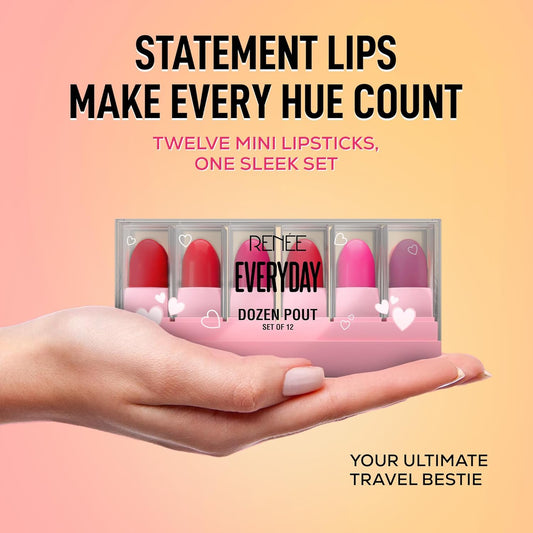 RENEE Everyday Dozen Pout Mini Lipsticks | Creamy Texture, Matte Finish, Long-Lasting | With Shea Butter, Almond Oil & Vitamin E | Hydrates & Softens Lips | Travel-Friendly, Set of 12 | 14.4 g