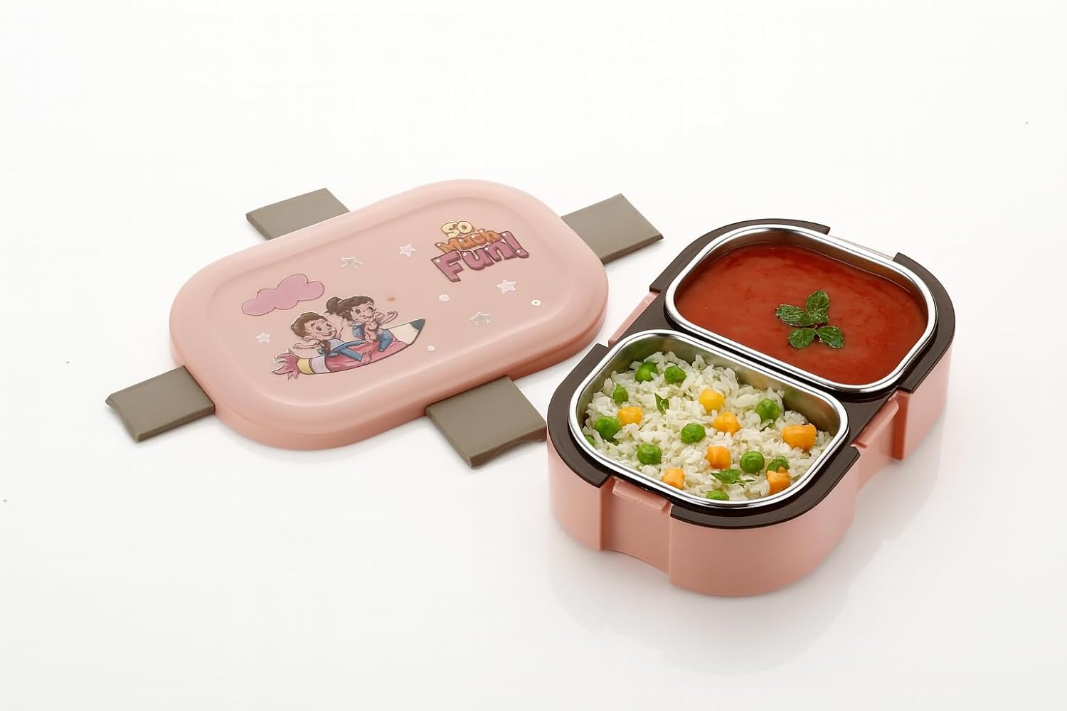 Stainless Steel Tiffin Lunch Box with 4 Side Clip Lock Lid, 2 Compartment Leakproof Food Grade Steel Container for Office, Kids School and Travel (Pink)