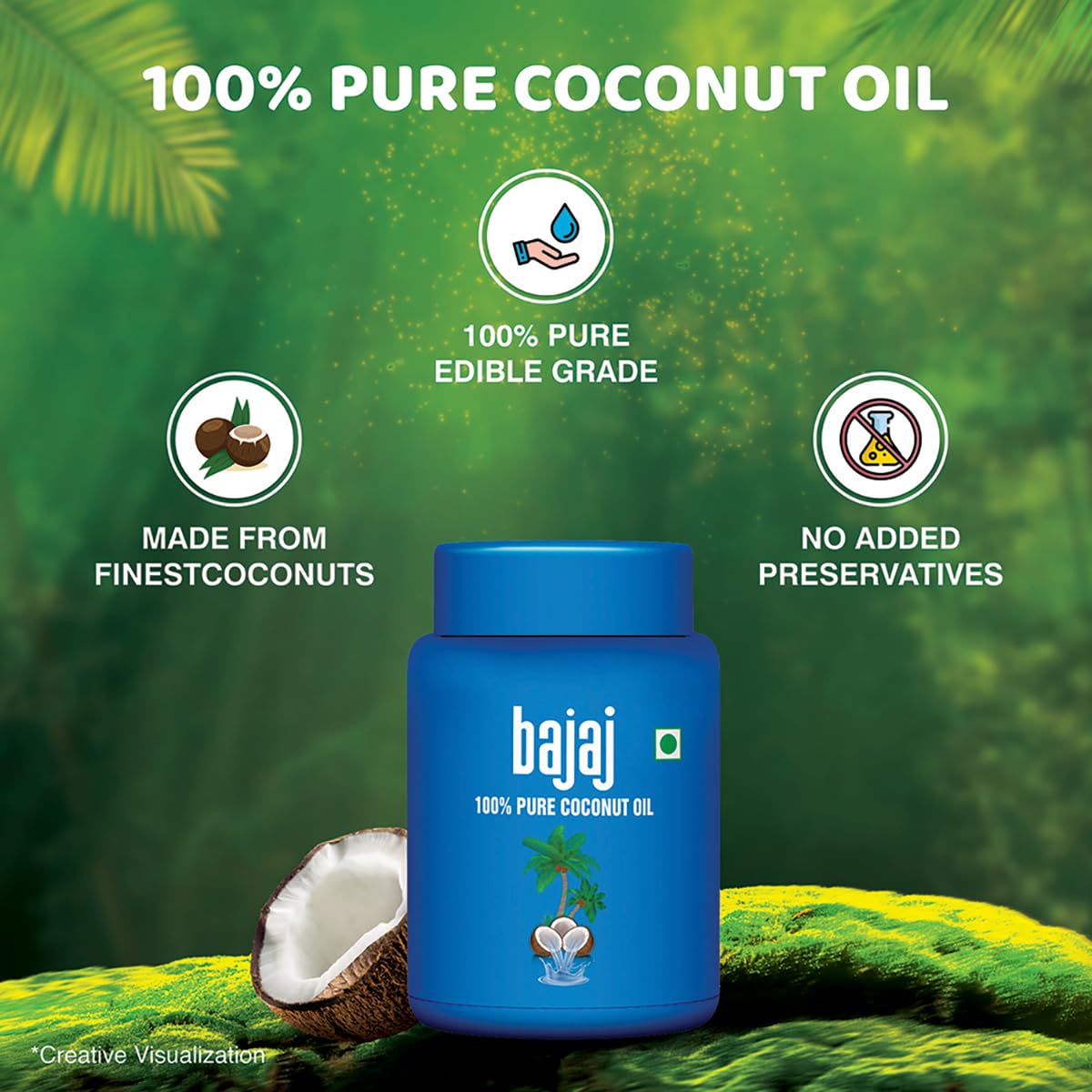 Bajaj 100% Pure Coconut Oil 600ml Wide Mouth Jar | Made with Premium Grade 1 Quality Coconuts.