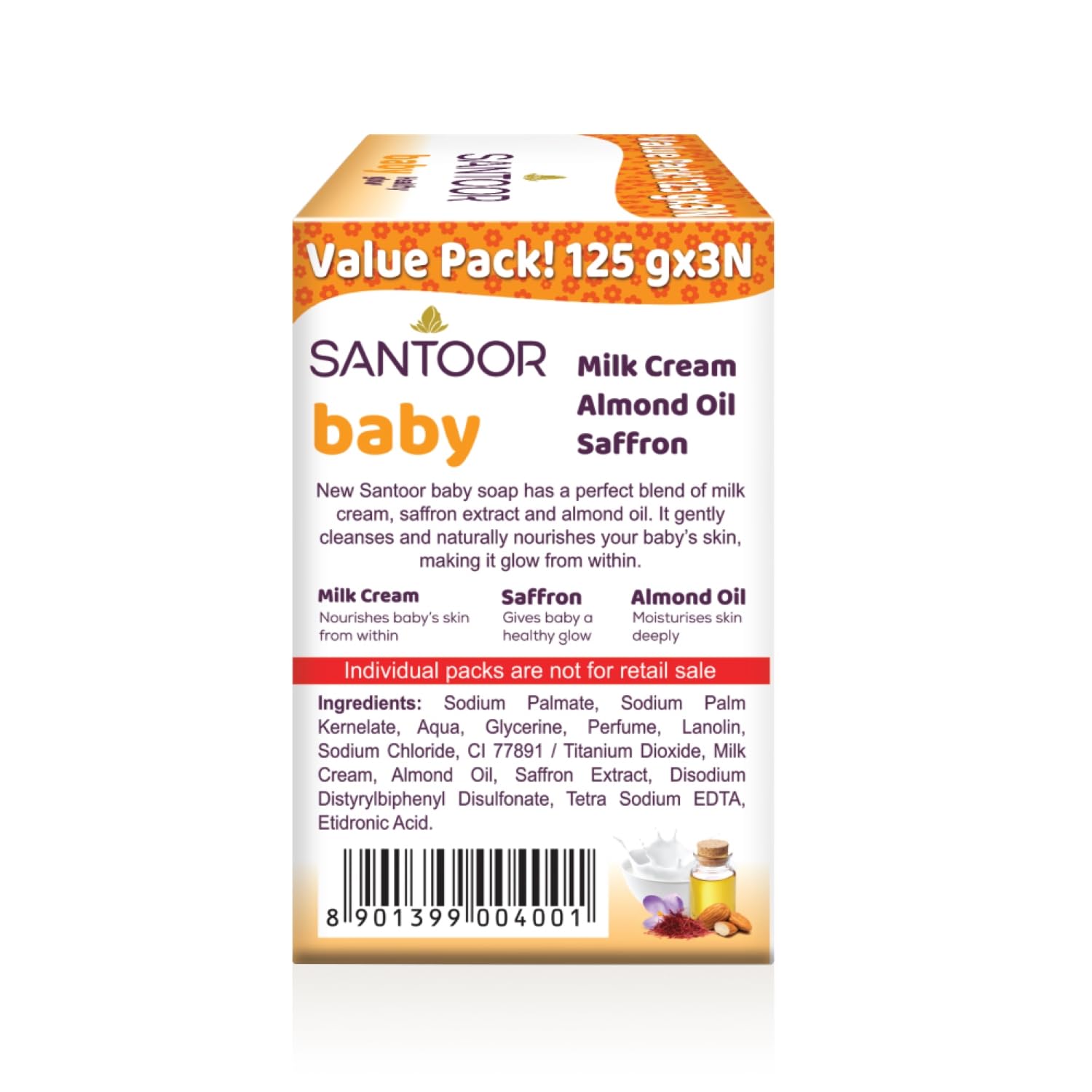 Santoor Baby Bathing Bar Soap with Milk Cream, Saffron, & Almond Oil for Soft & Supple Skin| Gentle & Rich Lathering Formula with Mild Fragrance| 125gx3
