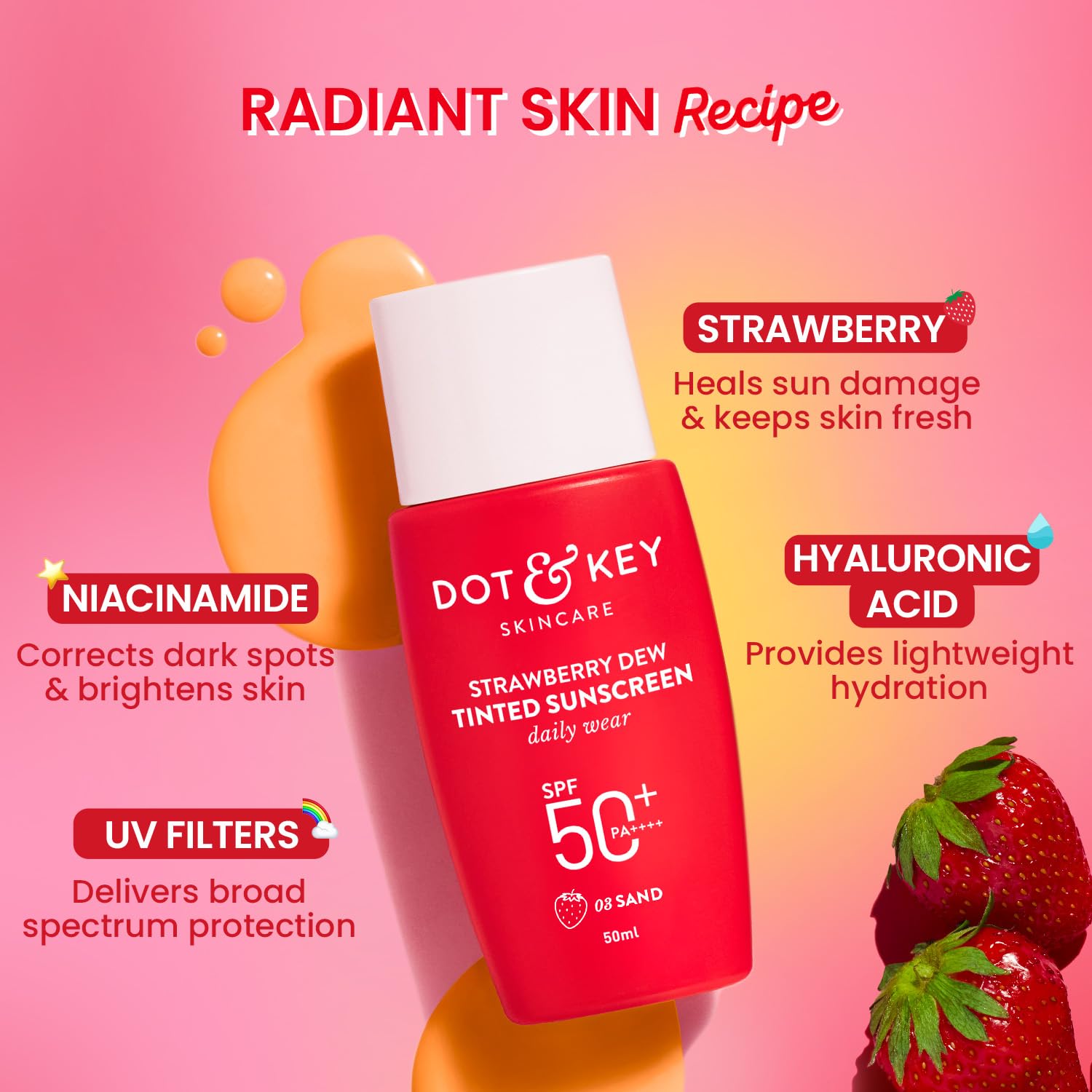 Dot & Key Strawberry Dew Tinted Sunscreen SPF 50+ PA++++ - 02 Warm Ivory - 50 gm