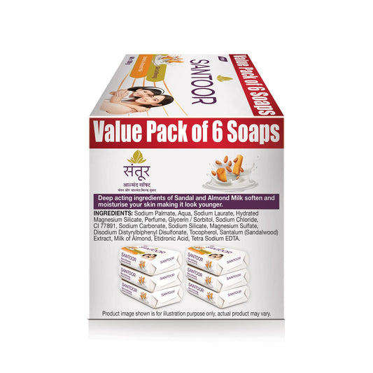 Santoor Skin Softening Sandal & Almond Milk Bathing Soap with Nourishing & Anti-Aging Properties| For Smooth & Soft and Younger-Looking Skin| For All Skin Types| 150g, Pack of 6