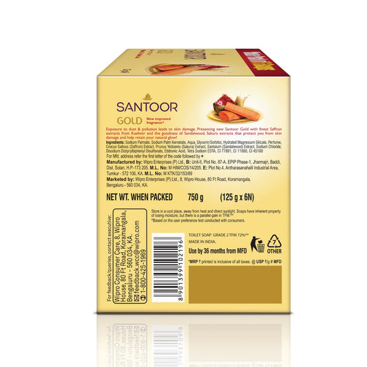 Santoor Gold Bathing Bar Soap with Kashmiri Saffron, Sandal & Sakura Extracts for Soft & Younger-Looking Skin| Gentle & Rich Lathering Formula with Refreshing Fragrance| For All Skin Types| 125g, Pack of 6