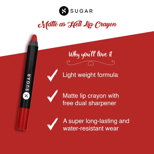 SUGAR Cosmetics Matte as Hell Crayon Lipsticks for Women | Lasts Up To 8+ Hours | Lip Crayon with Sharpener | 2.8gm - 11 Elle Woods