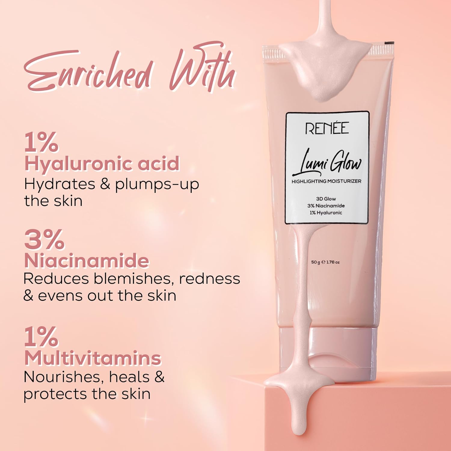 RENEE Lumi Glow Highlighting Moisturizer | Enriched with 3% Niacinamide & 1% Hyaluronic Acid | Non-Sticky | Glowing Skin | 50g