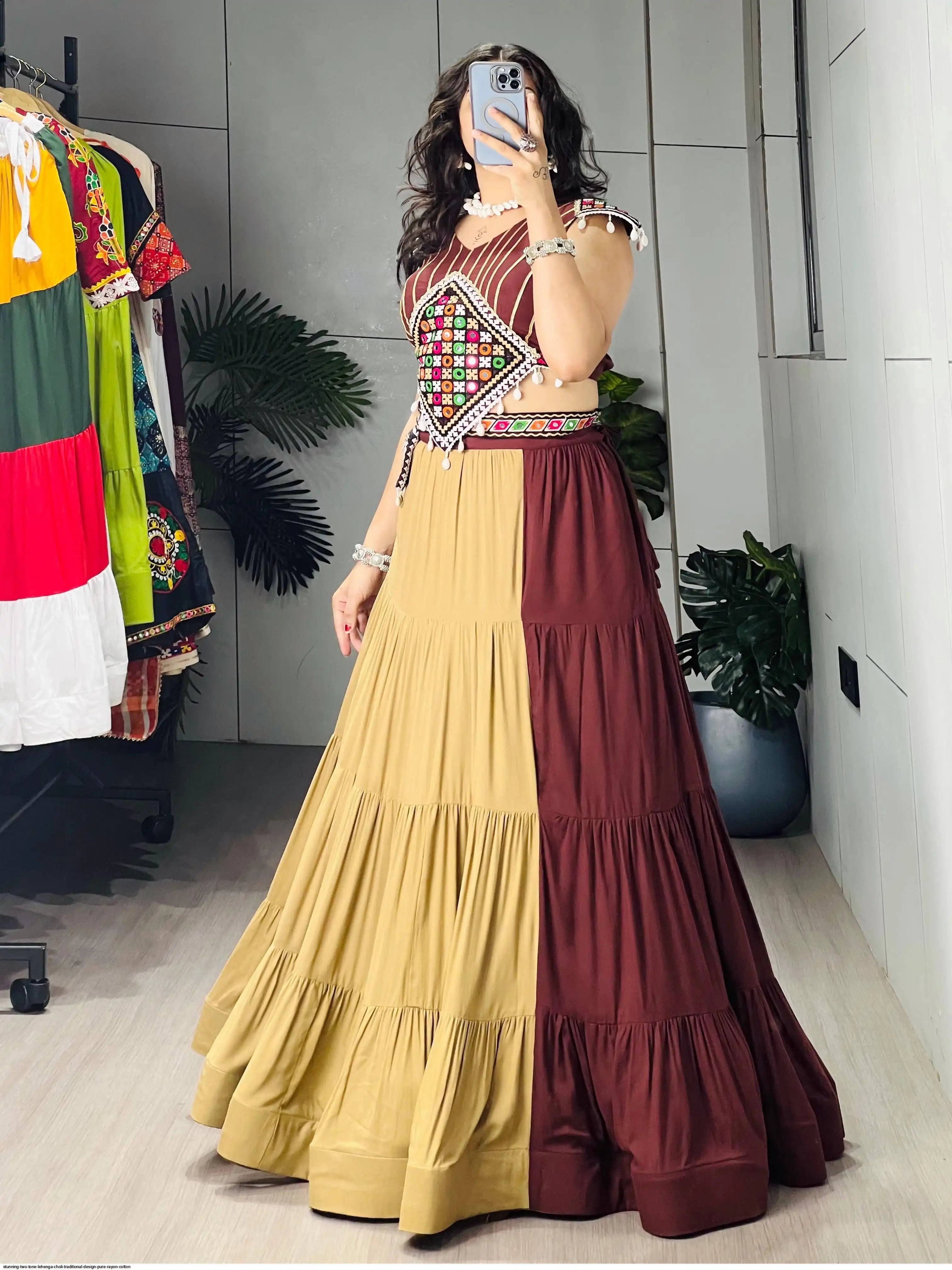 STUNNING TWO TONE LEHENGA CHOLI TRADITIONAL DESIGN PURE RAYON COTTON SIZE 40