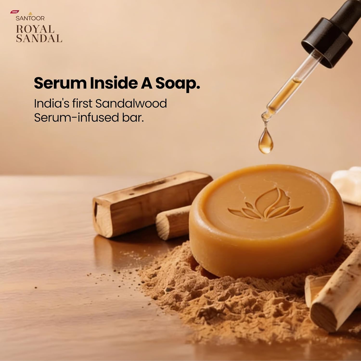 Santoor Royal Sandal Soap | Infused with Sandalwood Serum | Tan Removal | 100% Pure Sandalwood Oil & Powder | Helps Reduce Tan for Even-Toned, Glowing Skin | 150g x 3 Soaps