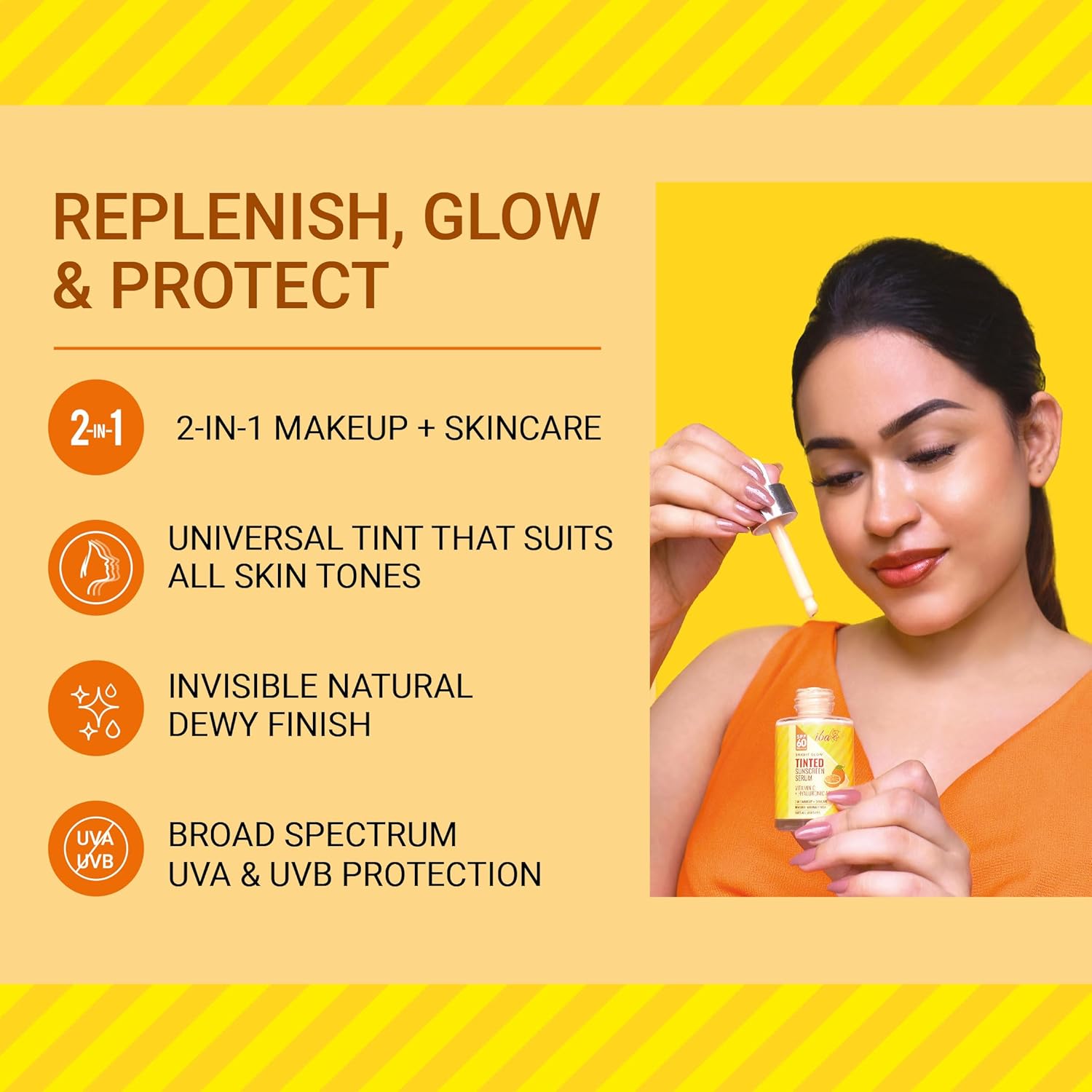 Iba Bright Glow Tinted Sunscreen Serum for All Skin Types SPF 60 PA++++ with Hyaluronic Acid & Vitamin C, 30ml