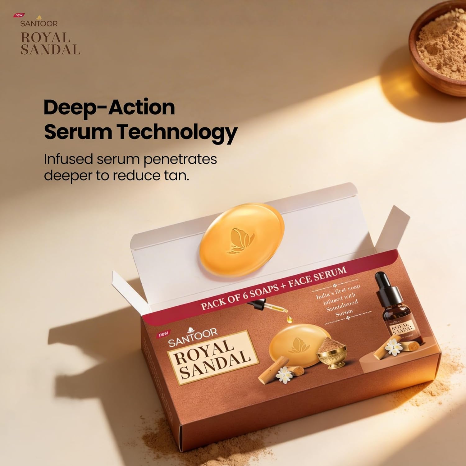 Santoor Royal Sandal Soap & Face Serum | Infused with Sandalwood Serum | Tan Removal | 100% Pure Sandalwood Oil & Powder | Helps Reduce Tan for Even-Toned, Glowing Skin | 125g x 6 Soaps + 15ml Serum