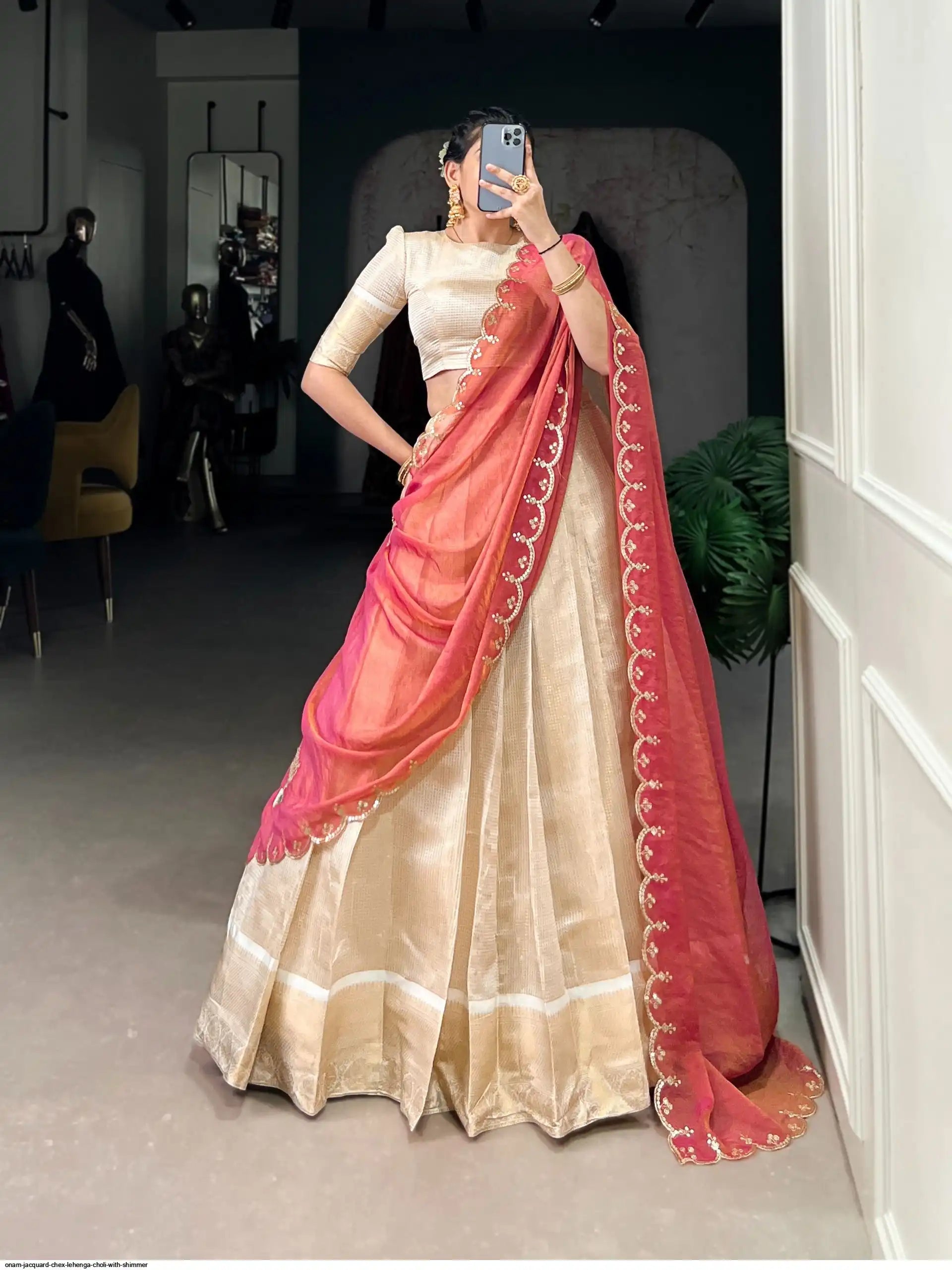 ONAM JACQUARD CHEX LEHENGA CHOLI WITH SHIMMER
