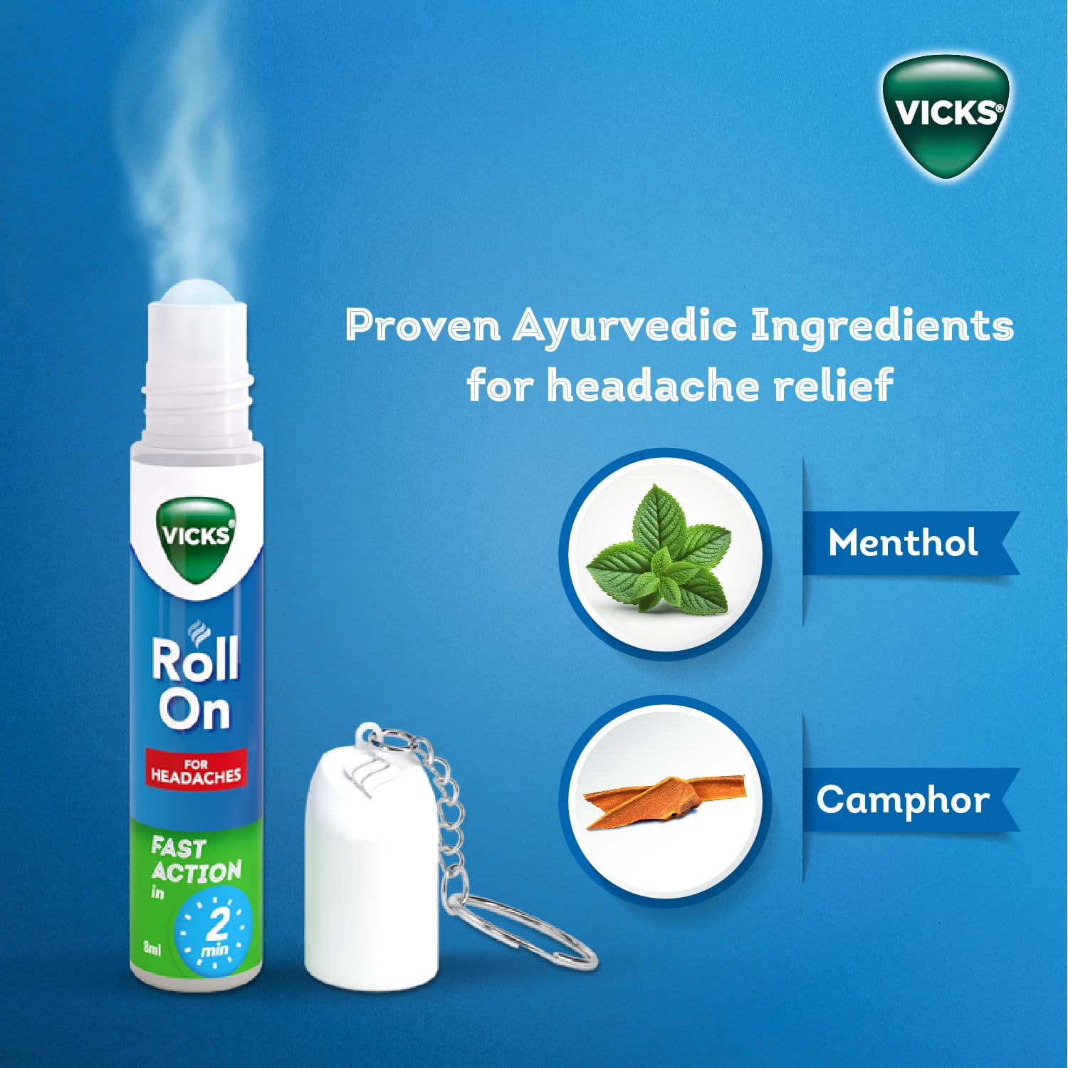 Vicks Headache Relief Roll-On, 2s Pack, Fast Action in 2 Minutes, with Menthol & Camphor