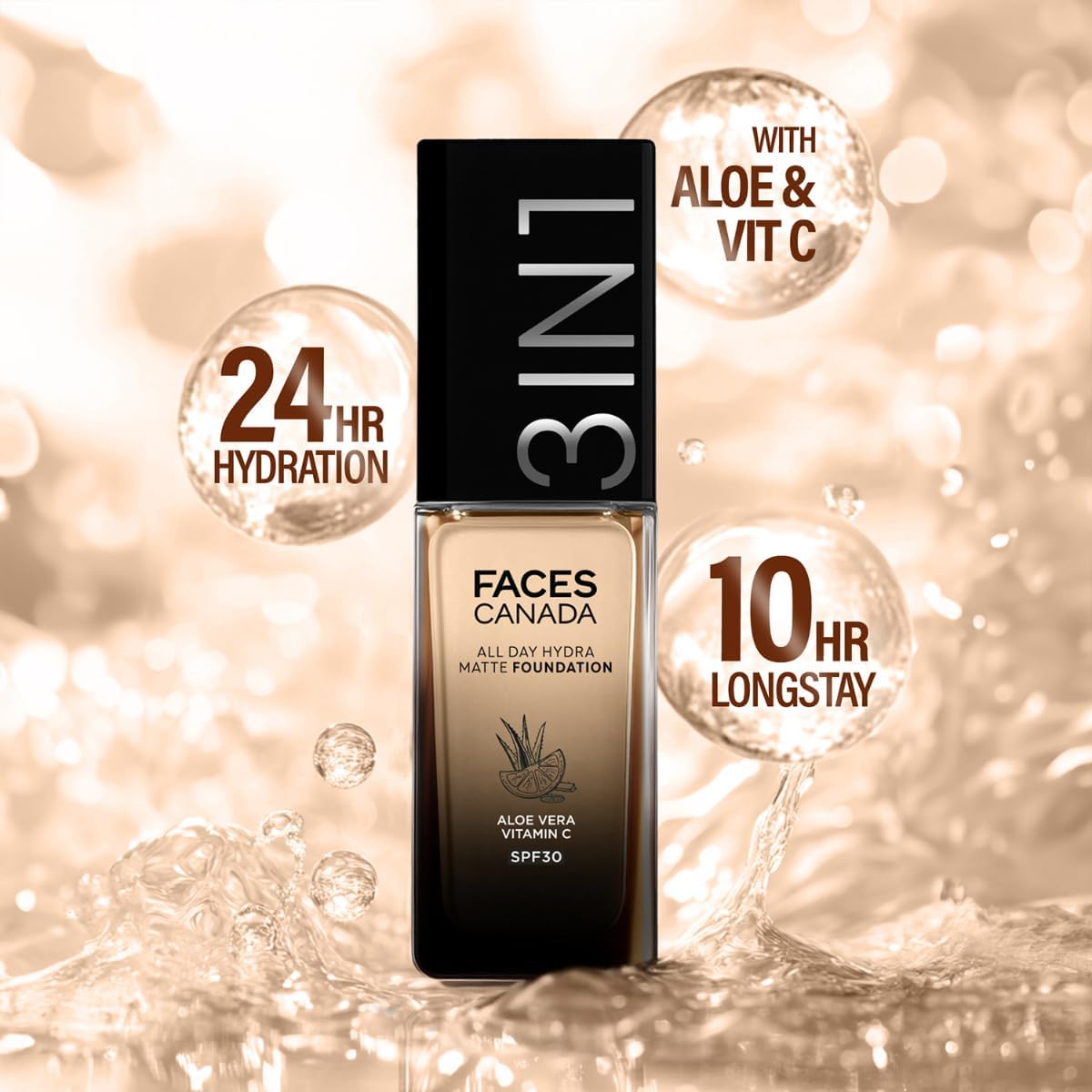 FACES CANADA All Day Hydra Matte Foundation | 3-in-1 Foundation + Moisturizer + SPF 30 | 24 HR Aloe Hydration & Vitamin C | 10HR Long Wear | Medium to High Buildable Coverage | Golden Beige 032 | 30ml