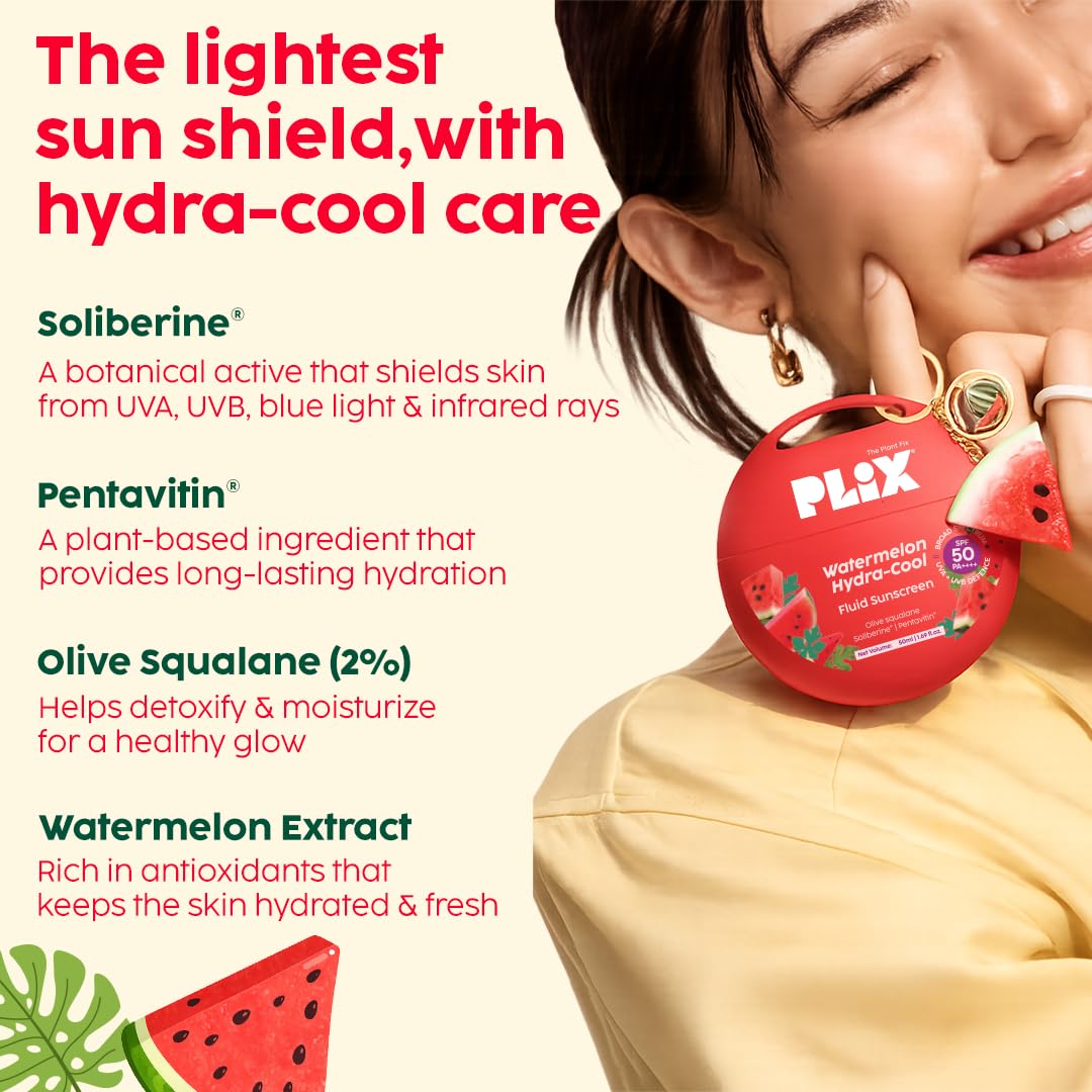 PLIX – The Plant Fix Watermelon Hydra-Cool Fluid Sunscreen with SPF 50 | PA++++ | Soliberine®, Pentavitin® & Watermelon Extract | Lightweight, Cooling & No White Cast | 50ml