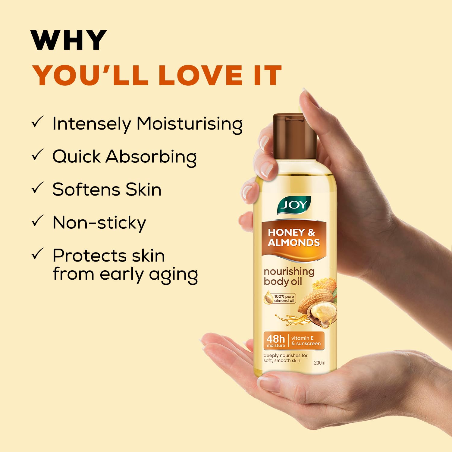 Joy Honey & Almonds Body Oil – After-Bath Daily-Use Badam Massage Oil with Vitamin E & Sunscreen | Full-Body Relaxation, Dry-Skin & Winter Moisture | 200 ml