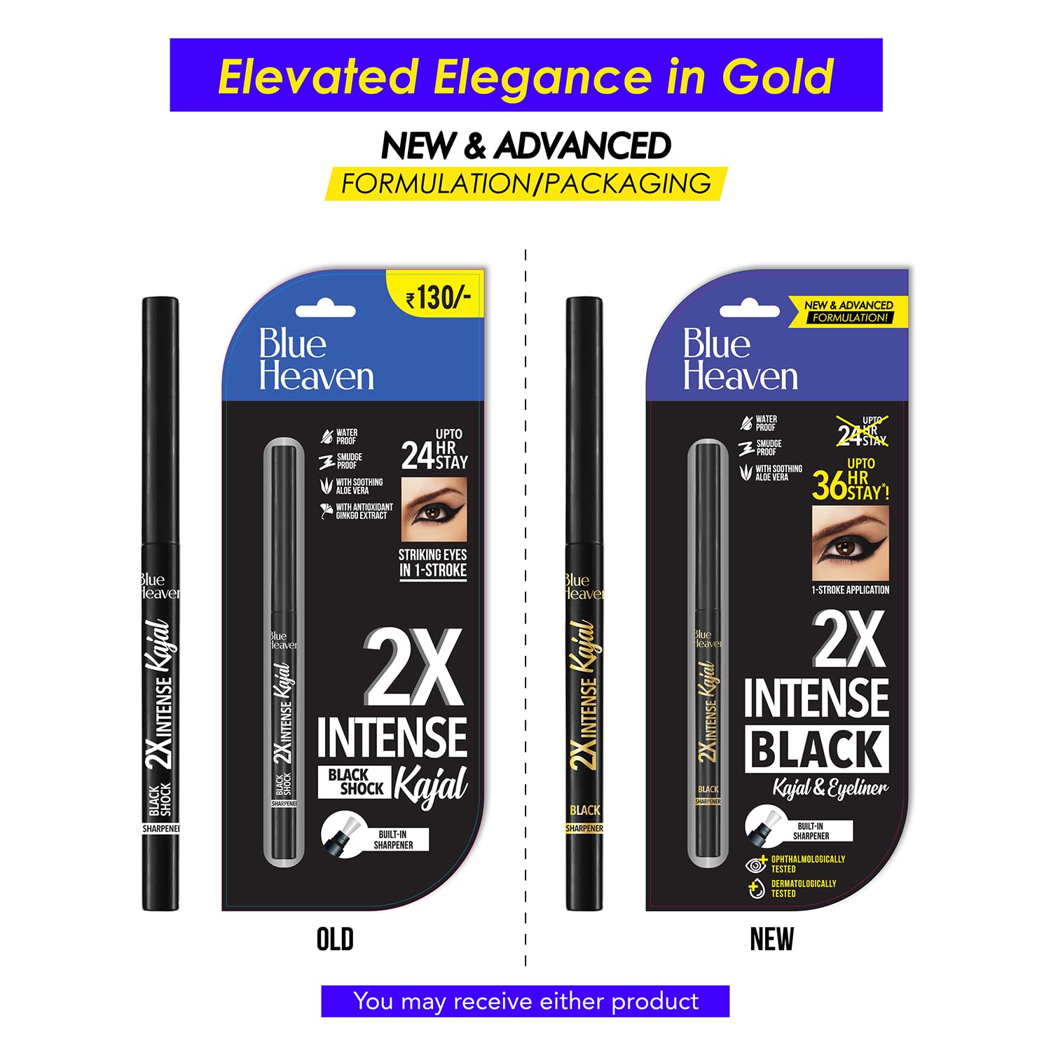 Blue Heaven 2X Intense Kajal Black Shock | Upto 36Hr Stay | Waterproof & Smudgeproof |Infused with soothing Aloe Vera | Matte Finish | Long Lasting Kajal for Women, 0.30gm