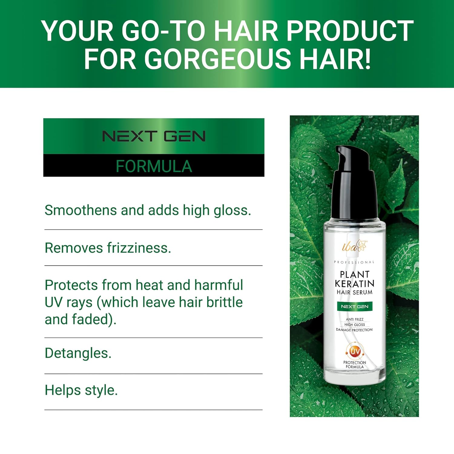 Iba Professional Plant Keratin Next Gen Hair Serum with Argan Oil & UV Filters Protects Dry Damaged Hair & Frizz Control Soft Smooth 45ml
