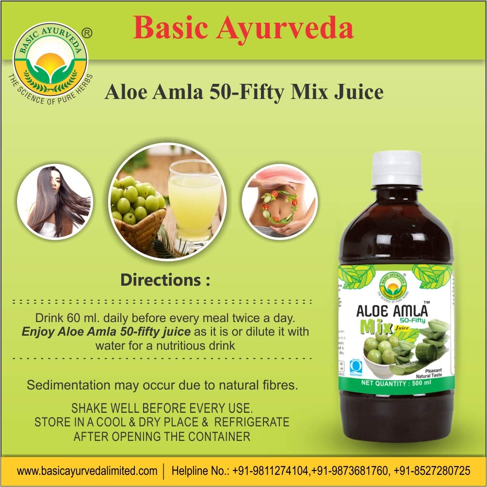 Basic Ayurveda Aloe Amla 50-Fifty Mix Juice 500 ml For skin and hair problems, digestion, immune system