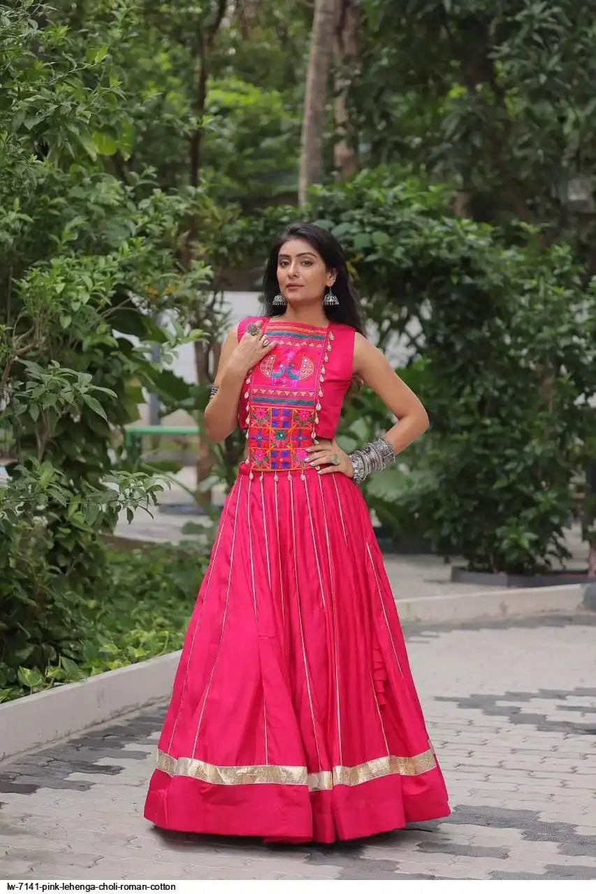 LW 7141 PINK LEHENGA CHOLI ROMAN COTTON