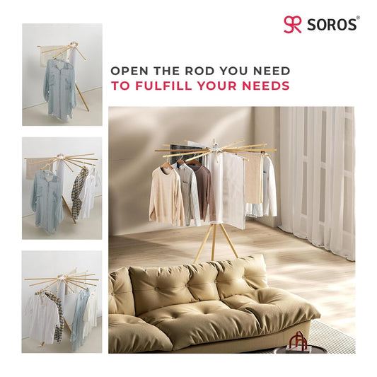 SOROS Foldable Clothes Dryer Stand Racks for Drying, Multi Way Folding & Rotatable, Lightweight Heavy Duty Solid Beech Wood Rails, (SOTC21WD70WHA), White, 3.9 Feet, Length 16, Large