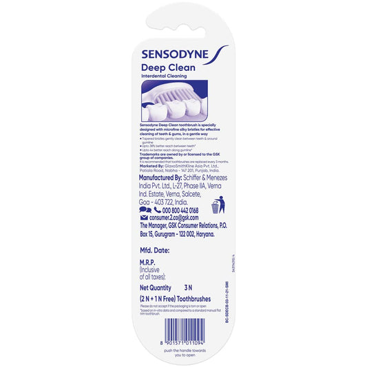 Sensodyne Deep Clean Toothbrush | Extra Soft Bristles Tooth Brush | Effective Cleaning, Gentle on Teeth, Toothbrush Set Pack of 3 (Buy 2 Get 1 Free), Multicolour | Dentist Recommended Brand