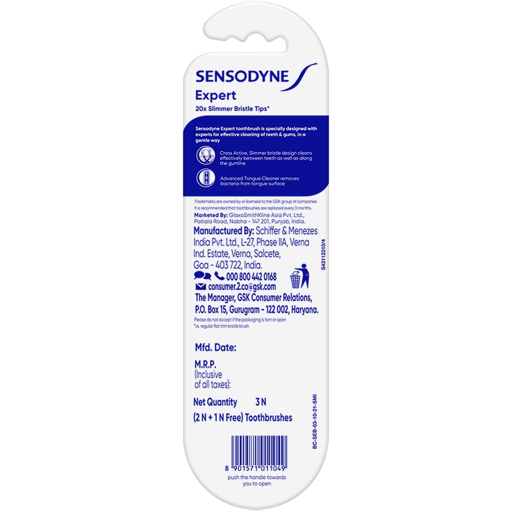 Sensodyne Expert Toothbrush | 20X Slimmer Bristles for Expert Cleaning | Toothbrush Set Pack of 3 (Buy 2 Get 1 Free), Multicolour | Dentist Recommended Brand, Manual, Adult