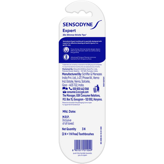 Sensodyne Expert Toothbrush | 20X Slimmer Bristles for Expert Cleaning | Toothbrush Set Pack of 3 (Buy 2 Get 1 Free), Multicolour | Dentist Recommended Brand, Manual, Adult