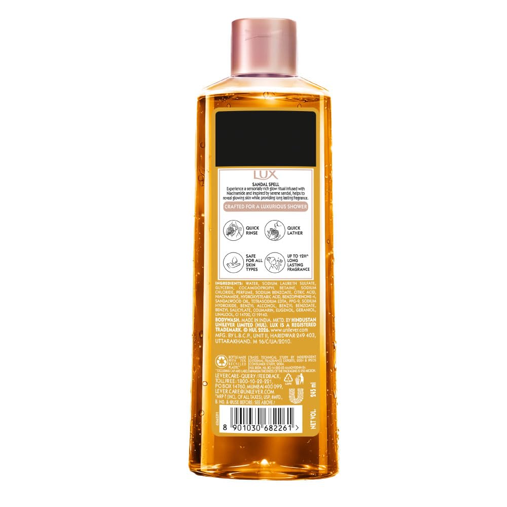 LUX Sandal Spell Bodywash, with Niacinamide, 245ml for Radiant & Bouncy Skin Feel