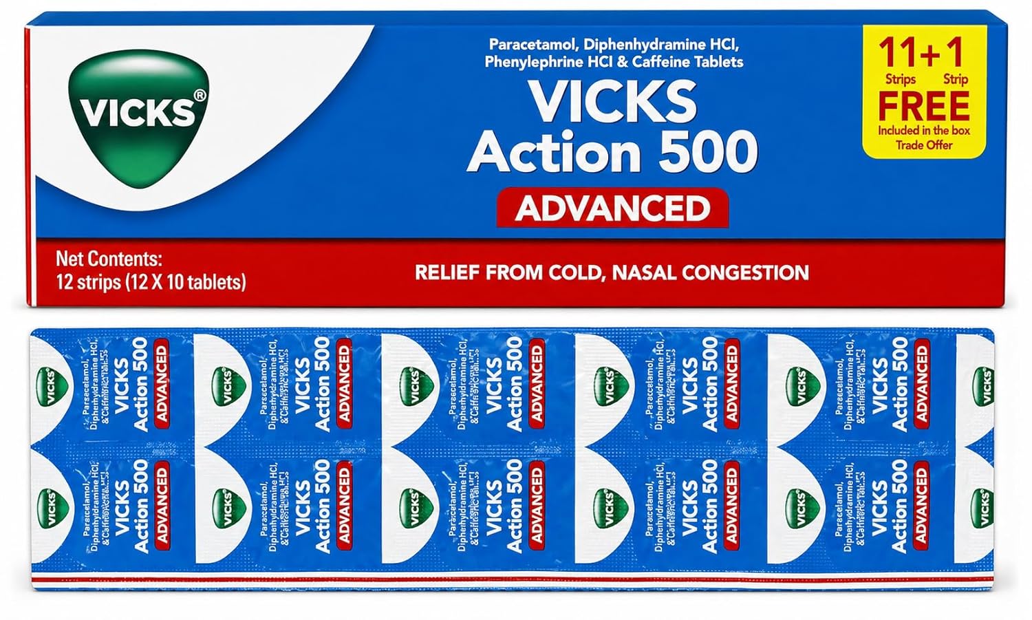 Vicks Action 500 Advanced Cold Relief Tablets - Multi-Symptom Formula 10 Tablets