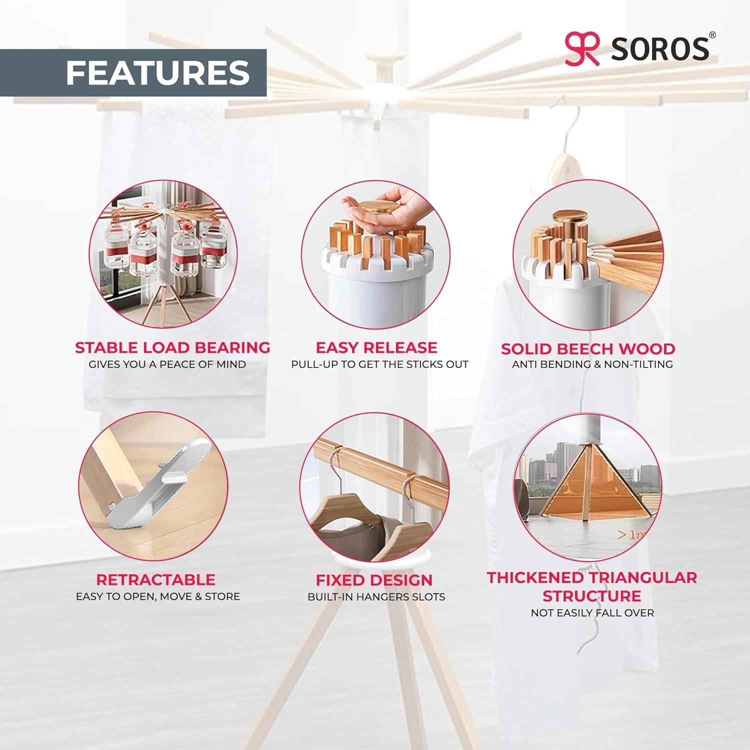 SOROS Foldable Clothes Dryer Stand Racks for Drying, Multi Way Folding & Rotatable, Lightweight Heavy Duty Solid Beech Wood Rails, (SOTC21WD70WHA), White, 3.9 Feet, Length 16, Large