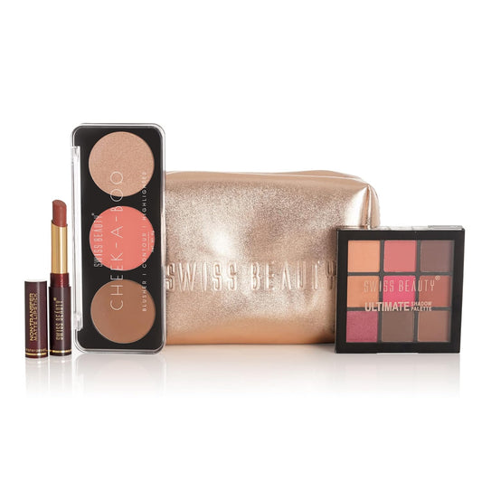 Swiss Beauty Ultimate Everyday Makeup Kit| Ultimate Eyeshadow Palette, Cheek - A- Boo Face Palette, Non Transfer matte Lipstick