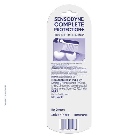 Sensodyne Toothbrush: Complete Protection+ Toothbrush With Flexible Neck For 48% Better Cleaning With Soft Tapered Bristles, 3 Piece (Buy 2 Get 1 Free), adult, manual