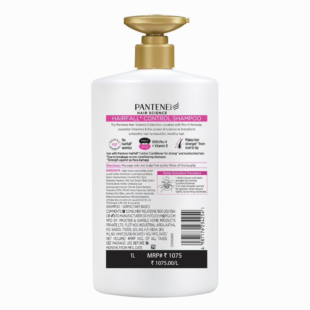 Pantene Hair Fall Control Shampoo for Weak, Dry and Frizzy Hair, With Pro V + Vitamin B, 1 Ltr