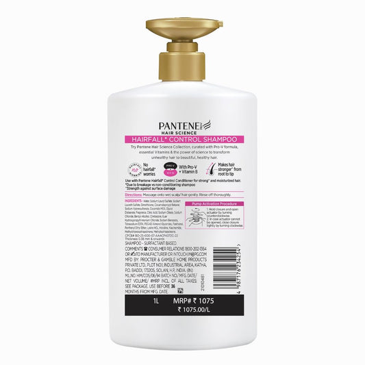 Pantene Hair Fall Control Shampoo for Weak, Dry and Frizzy Hair, With Pro V + Vitamin B, 1 Ltr