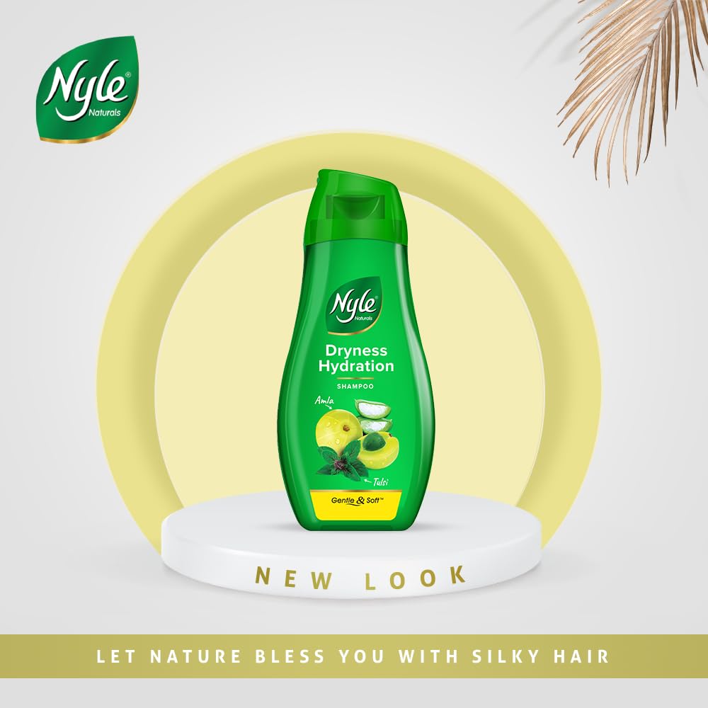 Nyle Naturals Dryness Hydration Shampoo, with Tulsi, Amla and Aloe Vera, Gentle & Soft Shampoo, pH Balanced and Paraben Free, 180ml