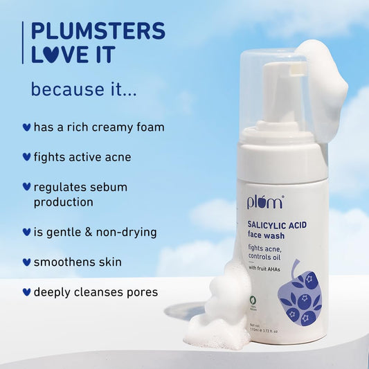 Plum Salicylic Acid Foaming Face Wash - Fights Active Acne & Oil For Smooth Skin - 110 ml