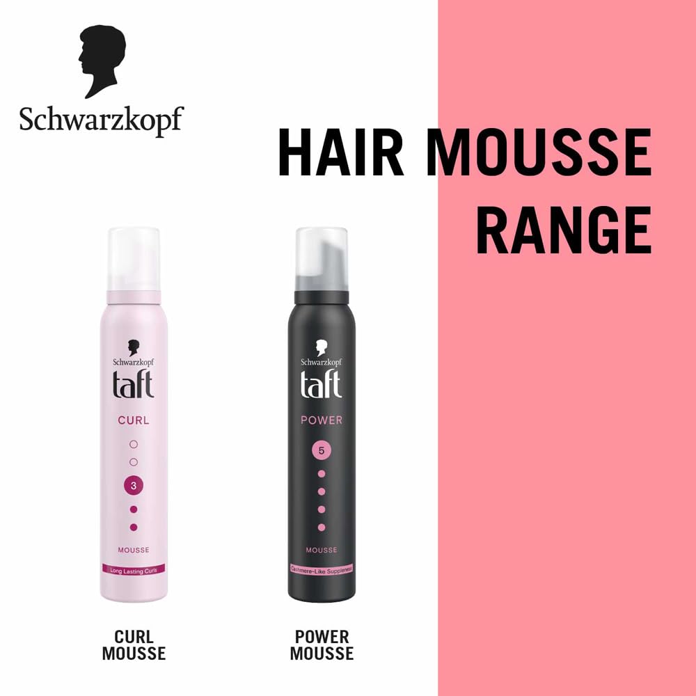 Schwarzkopf TAFT Power Hold 5 Hair Mousse, Lasts 24 Hours, Cashmere-Like Softness, With No Stickiness, Heat Protection, Silicone Free, Lightweight Styler To Controls Frizz And Provides Shine, 200Ml