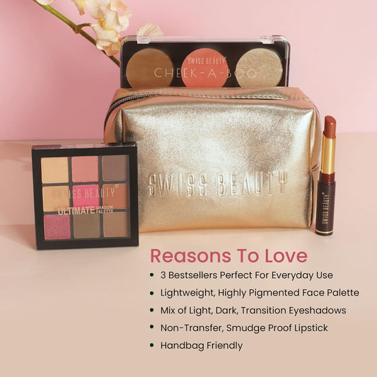 Swiss Beauty Ultimate Everyday Makeup Kit| Ultimate Eyeshadow Palette, Cheek - A- Boo Face Palette, Non Transfer matte Lipstick
