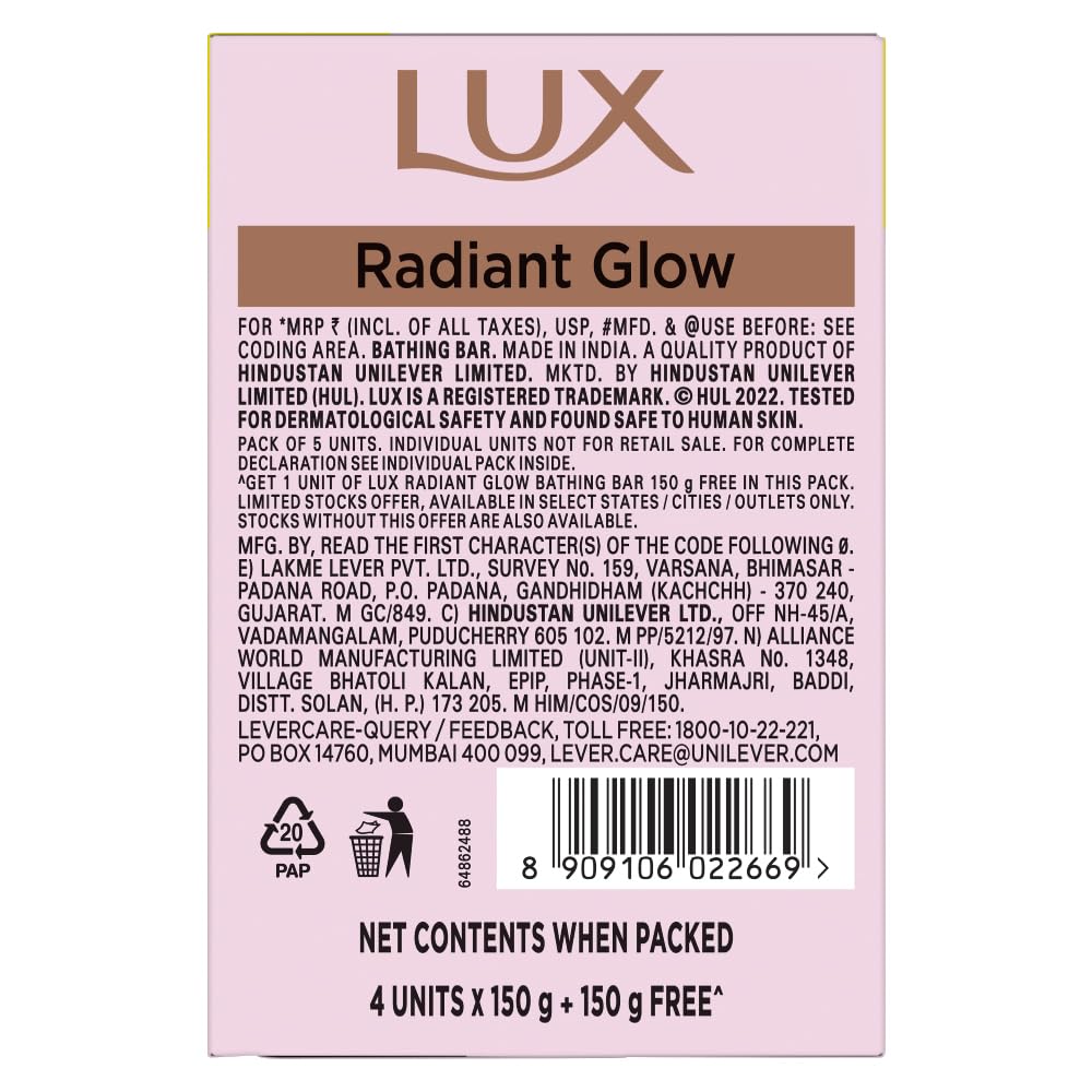 Lux Radiant Glow Bathing Soap infused with Vitamin C & E |For Superior Glow|Buy 4 Get 1 Free|150g